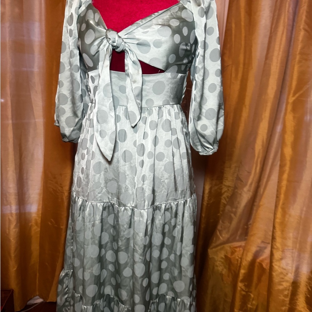 vestique Light Gray Polka Dot Tie-Front Maxi Dress